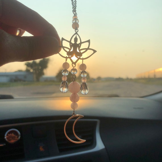 Peace and Love Intention Crystal Car Charm - Rose Quartz - Lotus Flower - Crescent Moon