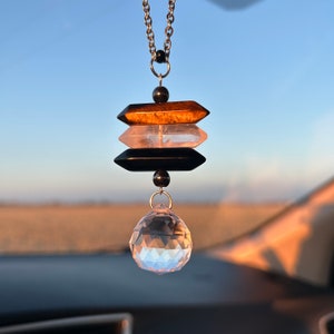 Travel Protection Intention Crystal Car Charm - 4 Crystal Protection - Tiger Eye - Black Obsidian - Hematite - Quartz