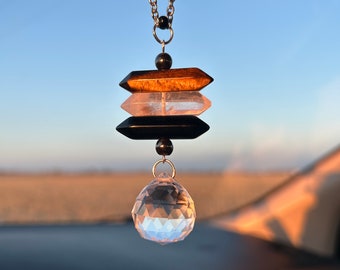 Travel Protection Intention Crystal Car Charm - 4 Crystal Protection - Tiger Eye - Black Obsidian - Hematite - Quartz