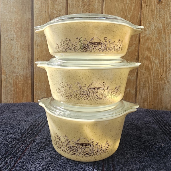 Vintage Pyrex Casserole Set with Lids Forest Fancies 500ml, 750ml, 1L.