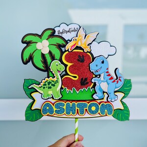 Personalized Dinosaur Birthday Cake Topper: Glitter Dino Party Decor