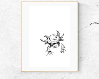 Axolotl Illustration. Cute Axolotls Print. Axolotle Nursery Art Print. Animal Illustration, Childrens Decor, Anxious Axolotl Drawing