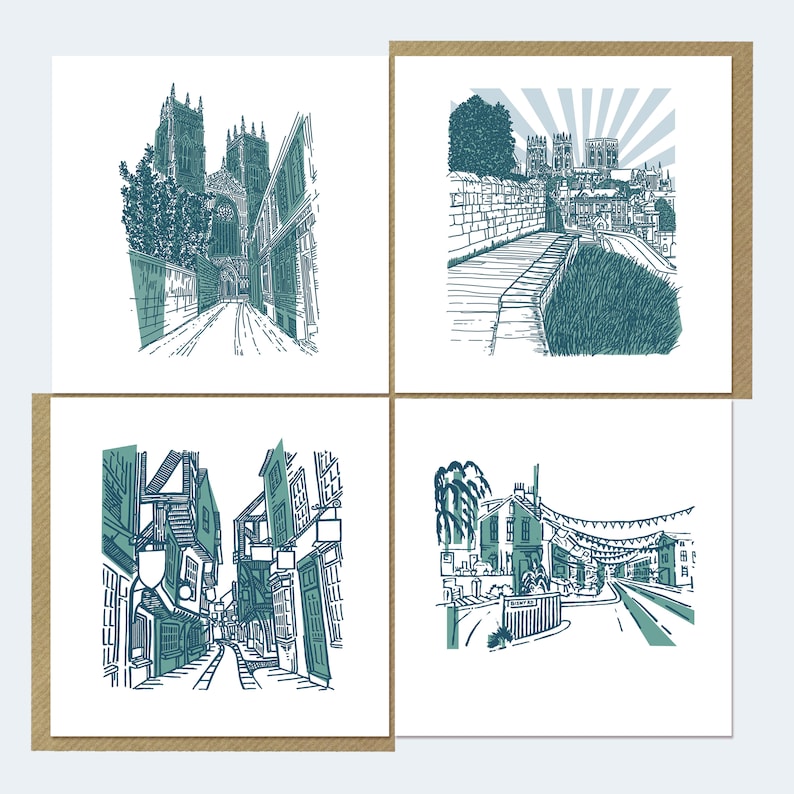 4 x York Landmarks Greetings Cards from Screenprint Digital copy of Limited Edition Screen Print Famous Streets in UK Shades of Teal