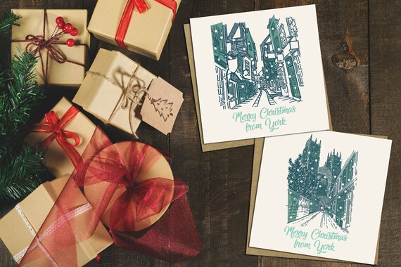 Five York Christmas Cards. "Merry Christmas From York". Scenes including York Minster, the City Walls, the Shambles, York Races & Bishy Road