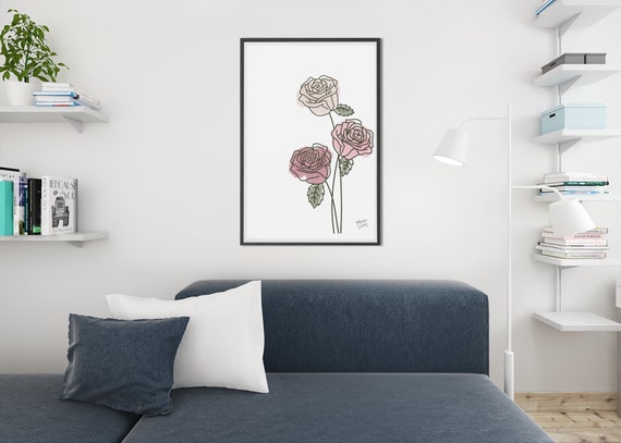 Roses | Hand Drawn Floral Print | Digital Downloadable Art | Minimal Botanical Artwork | Instant 300dpi High Quality Download | Pink Red