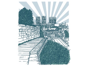 York City Walls. Digital Print in Shades of Green and Teal. Yorkshire History Gift Souvenirs. York Minster Cathedral seen in the Background