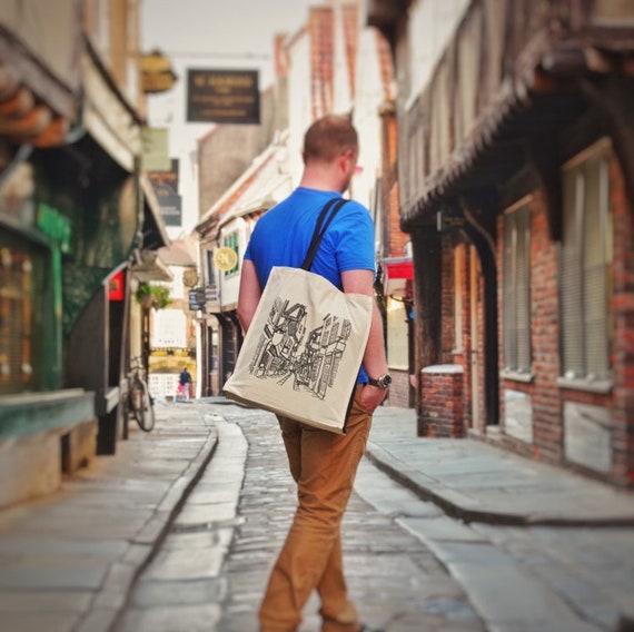 the Shambles (York) Luxury Tote - 100% natural cotton - screenprinted designed by York artist - diagon alley - Harry Potter landmarks