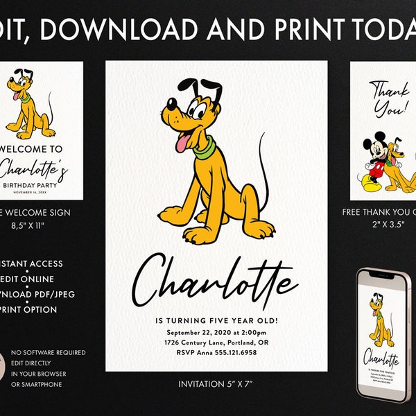 Pluto Birthday Invitation, Pluto The Dog from mickey mouse, Template Invitation, Pluto Thank You card, Pluto Welcome Sign