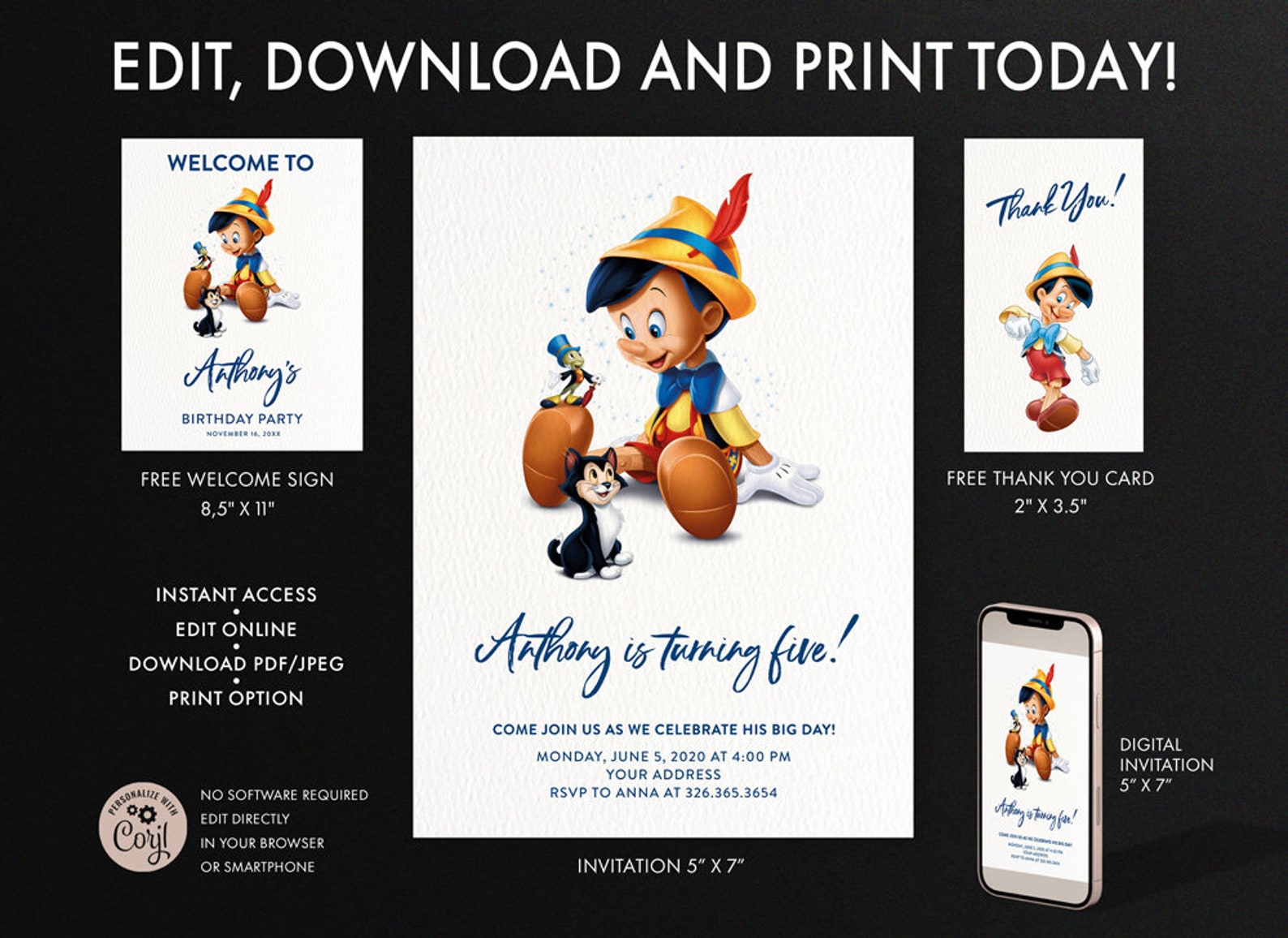 Pinocchio Birthday Invitation, Pinocchio Printable, Pinocchio Thank You ...