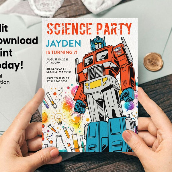 Transformers Scientist Birthday Invitation, Optimus Prime Invitation, Robot Mad Scientist Invitation