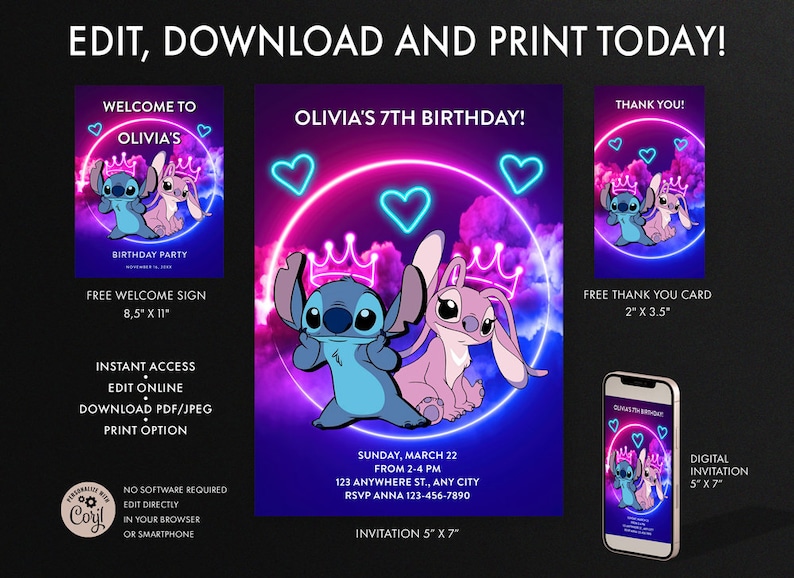 Invitation d'anniversaire Stitch and Angel Neon Glow, lueur néon dans l