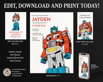 Transformers Birthday Invitation, Optimus Prime Invitation, Robot Birthday Invite Template, Transformers Thank You card, Welcome Sign