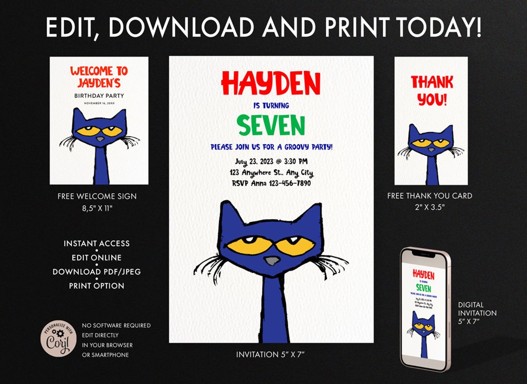 Pete the Cat Digital Birthday Invitation, Birthday Party Cat, Thank You ...