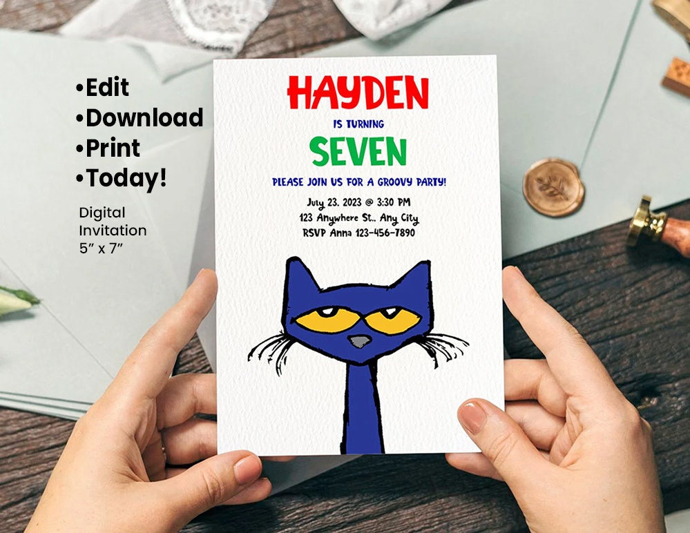 Pete the Cat Digital Birthday Invitation, Birthday Party Cat, Thank You ...
