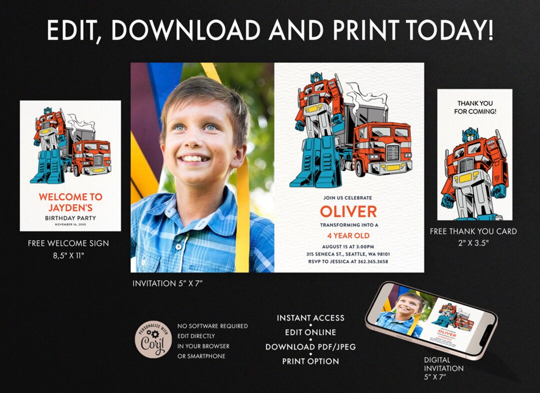 Transformers Birthday Invitation, Optimus Prime Invitation, Digital ...