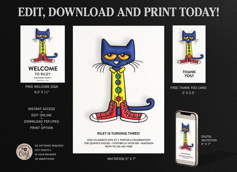 Pete the Cat Digital Birthday Invitation, Inflate Pete the Cat Birthday ...