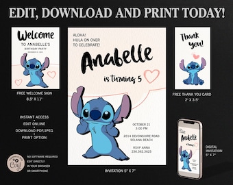 Stitch Birthday Invitation, Stitch Birthday Girl Invitation Personalized, Stitch Thank You card, Stitch Welcome Sign