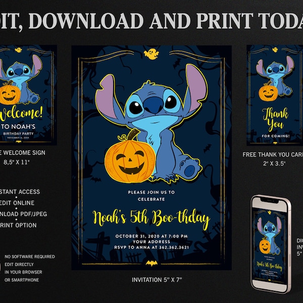 Stitch Halloween Birthday Invitation, Halloween Party Invitation Template, Stitch Thank You card, Stitch Welcome Sign