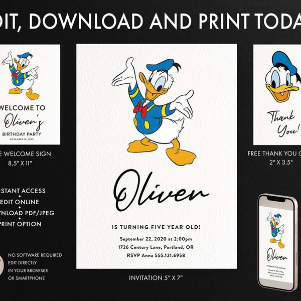 Donald Duck Birthday Invitation, Donald Duck Cartoon Personalized, Printable Template, Donald Duck Thank You card, Donald Duck Welcome Sign