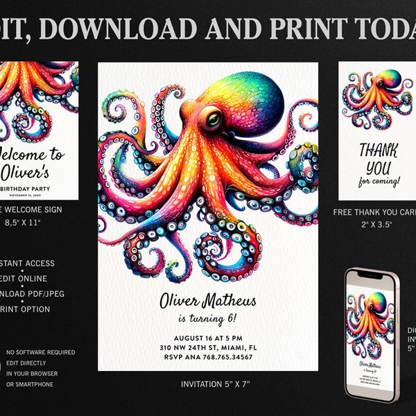 Octopus Birthday Invitation, Under Sea Boy Birthday Party Template, Octopus Thank You card, Octopus Welcome Sign