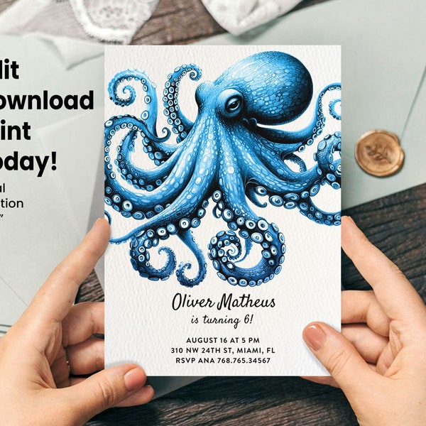 Octopus Birthday Invitation, Under Sea Boy Birthday Party Template, Octopus Thank You card, Octopus Welcome Sign