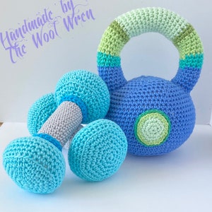 Handmade New Baby Gift, Baby Kettlebell & Rattle Dumbbells / Barbell, + Baby sneakers/ gym shoes. Unique Baby Gift for Gym Baby.