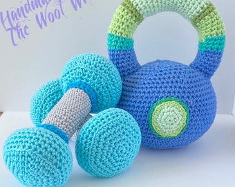 Handmade New Baby Gift, Baby Kettlebell & Rattle Dumbbells / Barbell, + Baby sneakers/ gym shoes. Unique Baby Gift for Gym Baby.