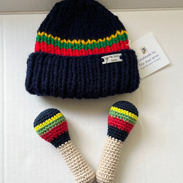 Handmade Hoofin' Bootneck Royal Marines Corps Colours New Baby Gifts.  Soft Play Maracas and matching Hat - with or without bobble