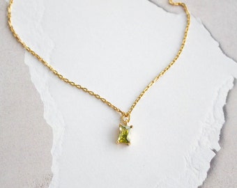 Waterproof - Green Rectangle CZ Necklace - 18k Gold Vermeil - Minimalist Necklace - Green CZ Pendant - Layering Necklace - Stacking