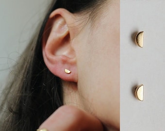 Half Disc Stud Earrings - 18k Gold Plated 925 Solid Sterling Silver - Layering - Stacking - Stack - Moon studs - REDCHERRYBLVD