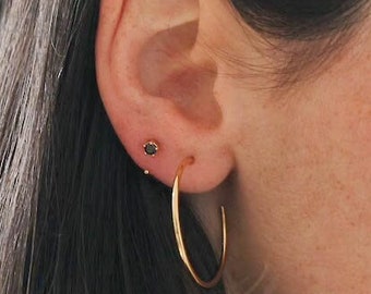 Waterproof - Open Black CZ Hoops - 18k Gold Vermeil - Solid 925 Sterling Silver - Black CZ Huggies - Layering - Stacking