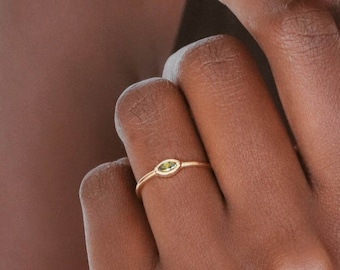 Olivgrüner CZ Ring - Wasserdichter - 18k Gold Vermeil Ring - Grüner Zirkonia Ring - Stapelring - Minimalistischer Ring - Schichtring - Stapelring