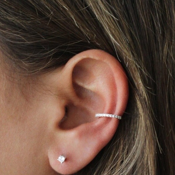 Ear Cuff - 925 Sterling Silver - Solid Silver Ear Cuff - White Stone Ear Cuff - Stack - White CZ Hoops - Layering - Stacking - REDCHERRYBLVD