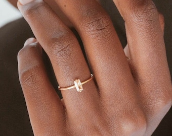 Waterproof - Baguette Ring - Gold Vermeil Ring - Solid 925 Sterling Silver - Champagne CZ Ring - Stacking Ring - Minimalistic Ring
