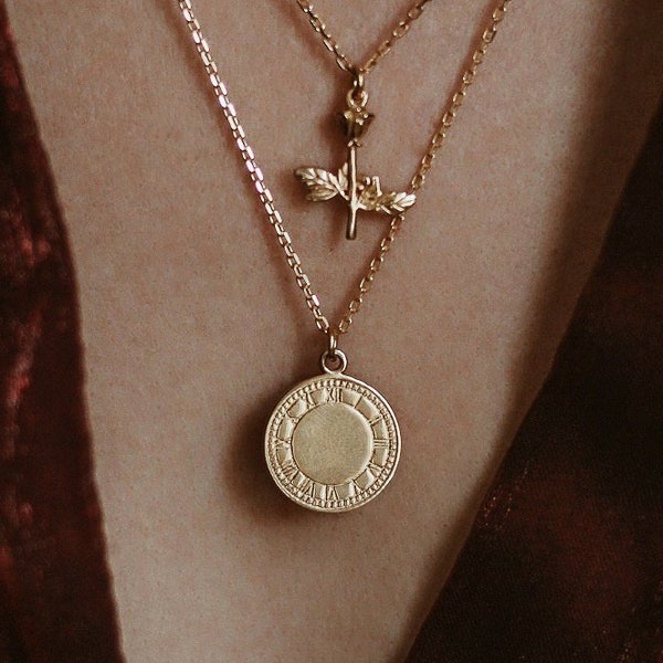 Waterproof - Roman Clock Pendant Coin Necklace - 18k Gold Vermeil Necklace - Roman Necklace - Roman Coin Necklace - Roman Pendant