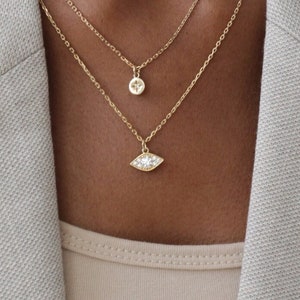 Waterproof - Gold Evil Eye necklace - 18k Gold Vermeil - Minimalist Necklace - Evil Eye Pendant - White CZ - Layering Necklace - Stacking