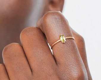 Waterproof - Green CZ Baguette Ring - Gold Vermeil Ring - Solid 925 Sterling Silver - Layering - Stacking Ring - Green Minimalistic Ring