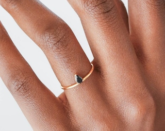 Waterproof - Black CZ Ring - 18K Gold Vermeil Ring - Solid 925 Sterling Silver - Layering - Stacking Ring - Minimalistic Ring - Drop Ring