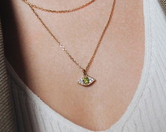 Waterproof - Gold Evil Eye necklace - 18k Gold Vermeil - Minimalist Necklace - Evil Eye Pendant - Green CZ - Layering Necklace - Stacking