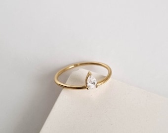 Waterproof - White CZ Ring - Gold Vermeil Ring - Solid 925 Sterling Silver - Layering - Stacking Ring - Minimalistic Ring - Drop Ring