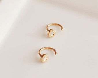 Waterproof - 18k Gold Vermeil Open Hoops - White CZ - Solid 925 Sterling Silver - Hoops Studs - Layering - Stacking