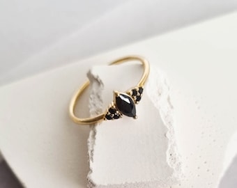 Waterproof - Black CZ Ring - Gold Vermeil Ring - Solid 925 Sterling Silver - Layering ring - Stacking Ring - Minimalistic Ring