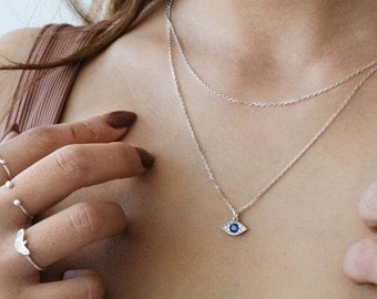 925 Silver Evil Eye Necklace - Silver Minimalist Necklace - Evil Eye Pendant - Blue CZ - Layering Necklace - Stacking - REDCHERRYBLVD