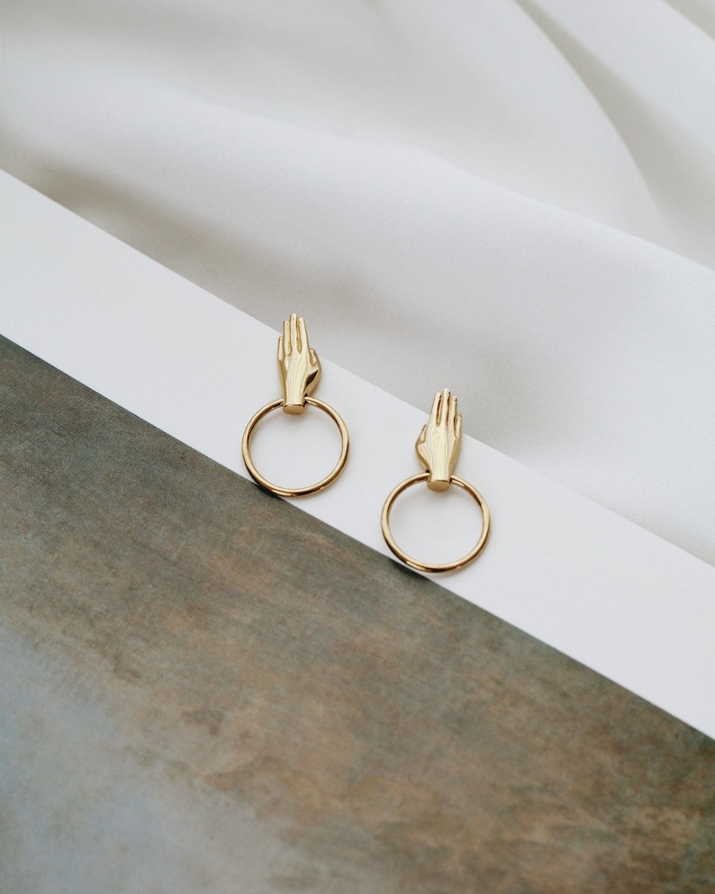 Waterproof Hand Earrings 18k Gold Vermeil Hand Shaped Earrings Gifts for Her Layering Stacking Hands Earrings Hand Studs image 7