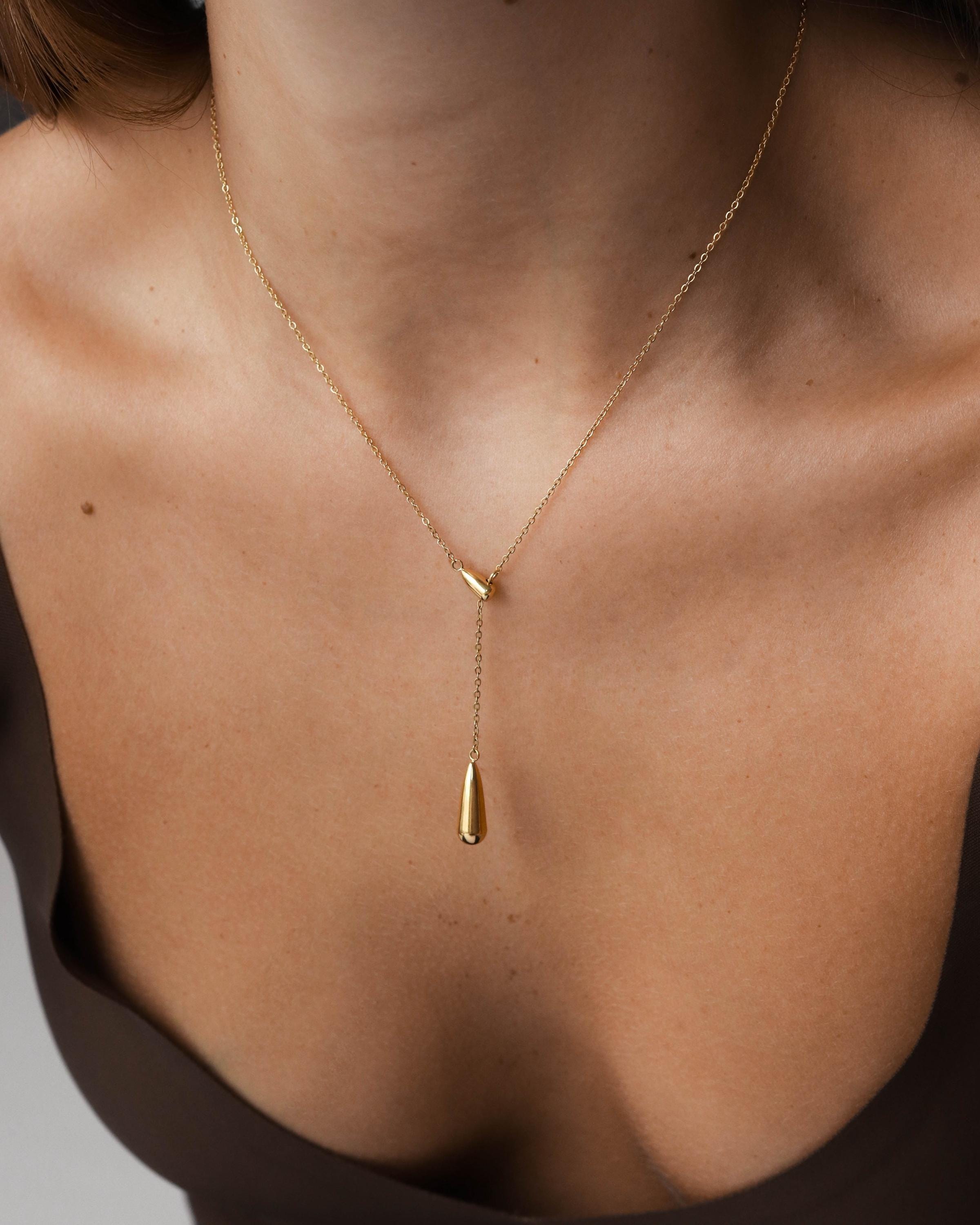 Never Fades - 18K Gold Water Drop Necklace - 18k Gold Cocktail Necklace - Minimalist Necklace - 18k Gold Snake Chain - N52