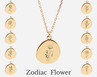 Collier zodiaque en or vermeil 18 carats - Collier fleur en or 18 carats - Bijoux zodiaque - Collier personnalisé - Cadeau personnalisé pour elle - Floral