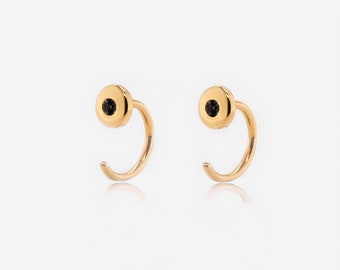 Waterproof - 18k Gold Vermeil Open Hoops - Black CZ - 18k Gold Plated Over Solid 925 Sterling Silver - Hoops Studs - Layering - Stacking