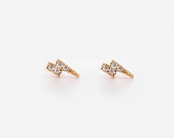 Waterproof - Lightning Studs - 18k Gold Vermeil - Gold Plated 925 Sterling Silver - White CZ Lightning Earrings - Layering - Stacking