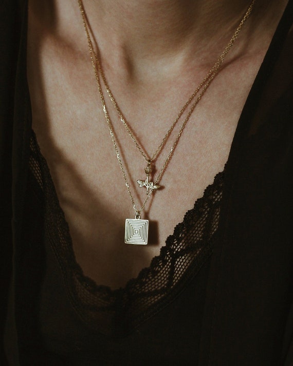 Layering Necklace Square Pendant Everyday necklace 24k Gold Vermeil Square Shaped Necklace Roman Pendant