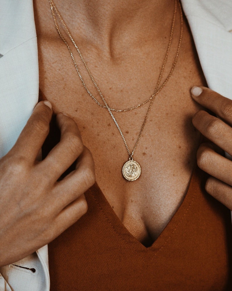 Lion Coin Necklace 18k Gold Vermeil Minimalist Necklace Roman Coin Necklace Disc Necklace Stack Layering Medallion Necklace image 2